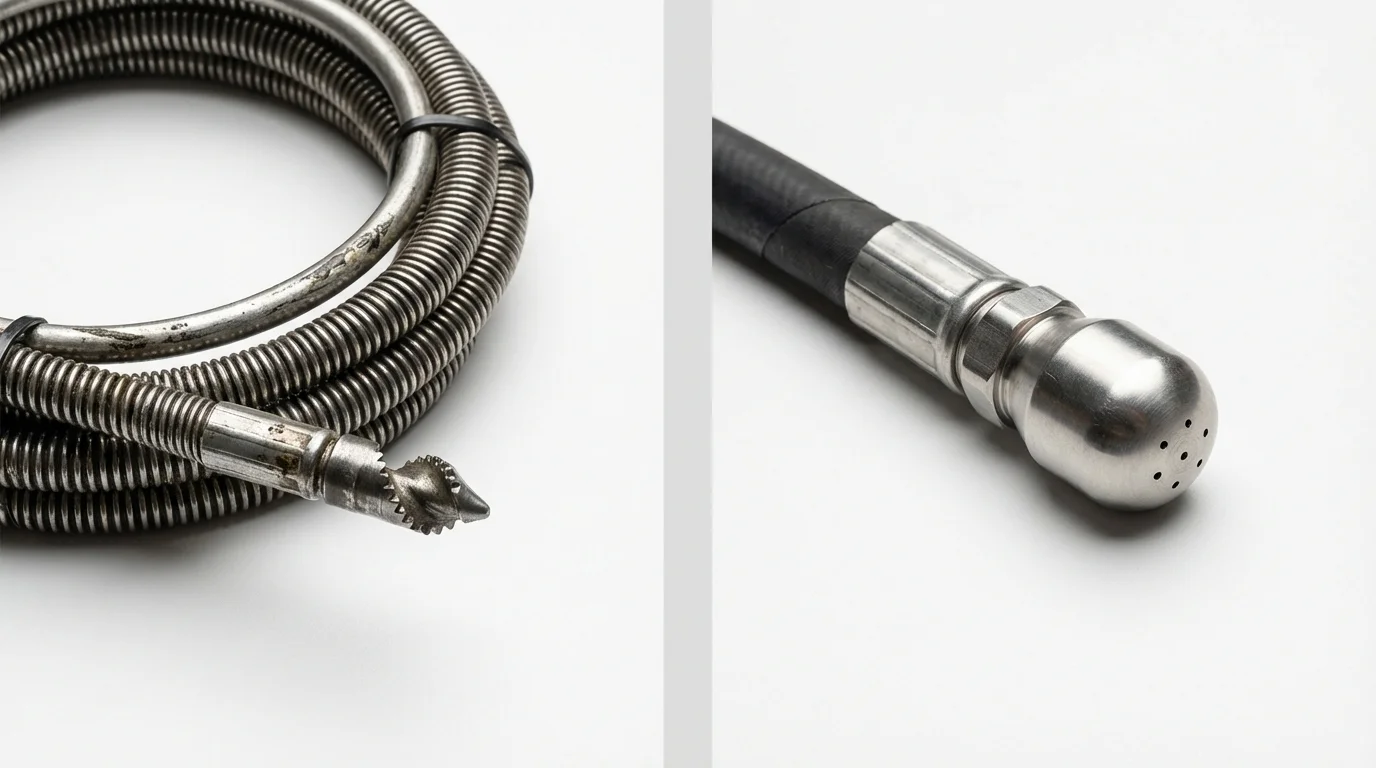 Drain snake cable and hydro jetting nozzle used for drain cleaning in Plymouth, OH