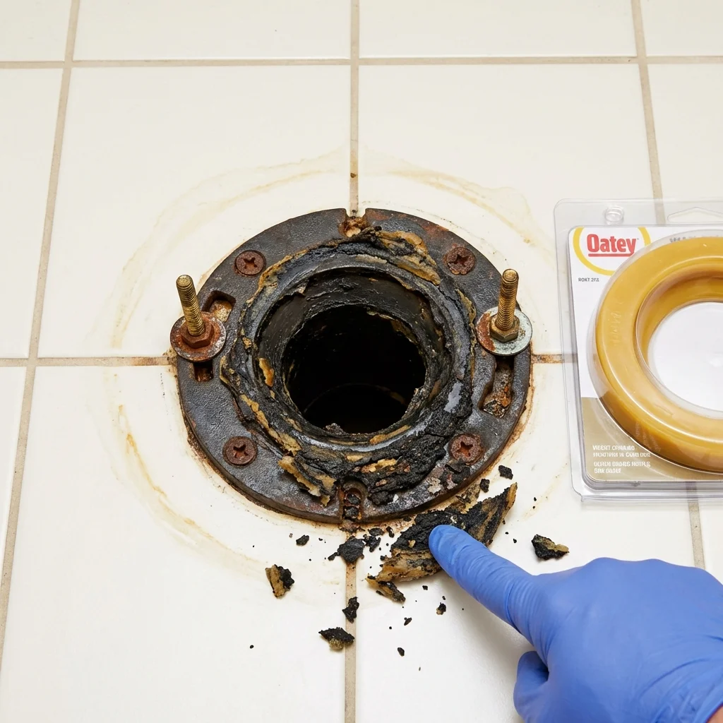 Failed wax ring showing water seepage at the base of a toilet in a Plymouth, OH home