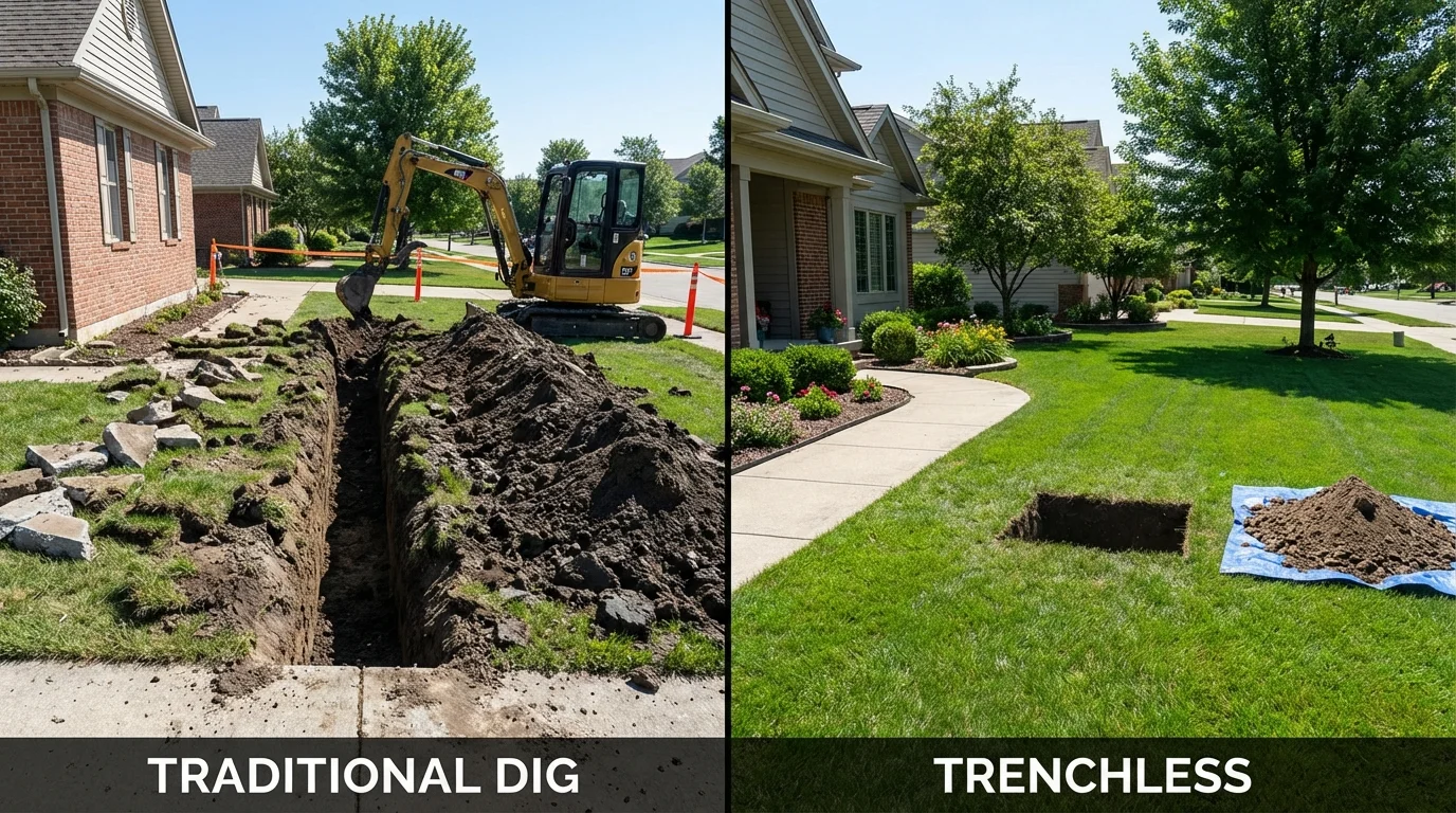 Trenchless sewer repair with minimal yard damage versus traditional excavation in Plymouth, OH