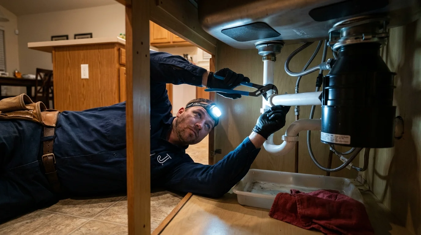 P-trap and supply line connections under a kitchen sink showing a common leak point in Plymouth, OH